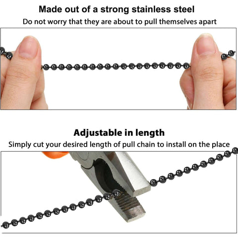 Hands holding 2 Pack 36 Inch Stainless Steel Ceiling Fan Pull Chain Extension Bead Chain, with pliers adjusting length, rustproof.