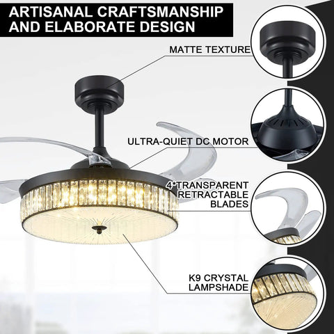 42 Inch Retractable Ceiling Fan Chandelier With Lights And Remote Crystal Fandelier With Retractable Blades in black finish