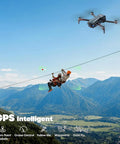 F7MINI 4K RC Drone With 1080P Screen 20000ft Transmission flying over ziplining couple in mountains, showcasing GPS features