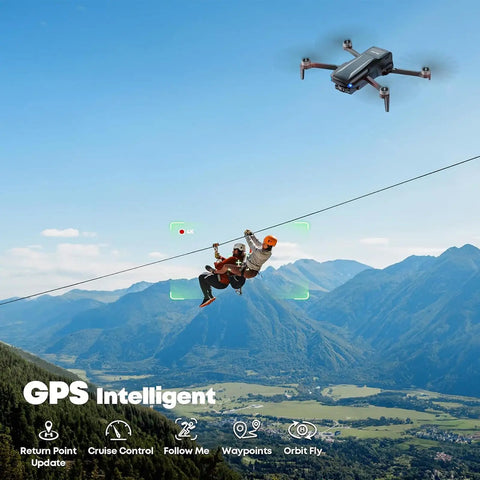 F7MINI 4K RC Drone With 1080P Screen 20000ft Transmission flying over ziplining couple in mountains, showcasing GPS features