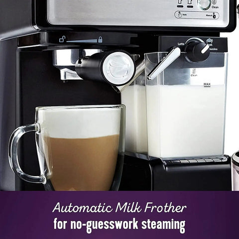 Compact Coffee Machine For Home Use With Italian Pump And Precise Temperature Control For Great Espresso And Cappuccino Pod Friendly Sleek Countertop Brewer Perfect For Any Kitchen with automatic milk frother
