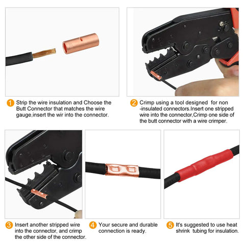 10 Packs 4 Gauge Butt Connectors Kit with Pure Copper Barrels showing crimping process and heat shrink insulation steps.