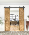 6.6Ft Black Barn Door Hardware Kit For Double Sliding Doors, Carbon Steel Heavy Duty Track System With J-Shape Hangers installed