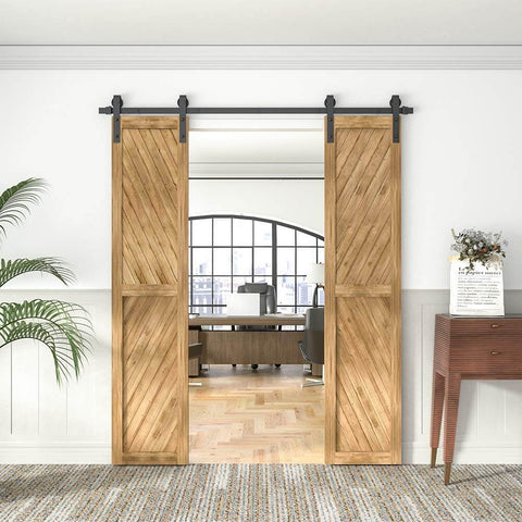 6.6Ft Black Barn Door Hardware Kit For Double Sliding Doors, Carbon Steel Heavy Duty Track System With J-Shape Hangers installed