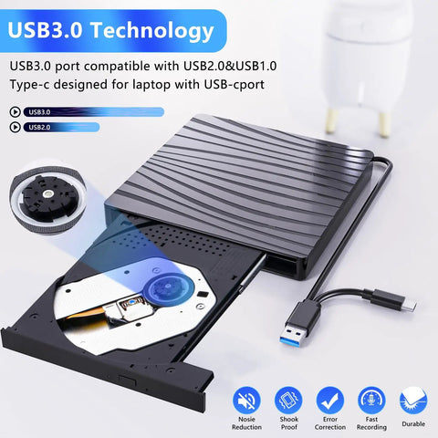 External USB-C Portable CD DVD Drive For Laptop And Desktop, slim black USB 3.0 drive with cable
