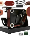 SporGain Mini Belt Sander With 7 Adjustable Speeds And Dual Worktables showcasing the tool, sandpaper discs, and accessories for versatile crafting.