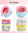 Two In One Electric Bead Spinner For Clay And Seed Beads With Adjustable Speed displaying spinning beads and examples of bracelets.