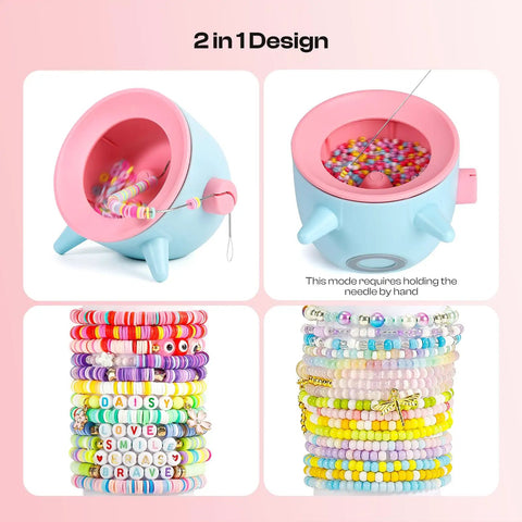 Two In One Electric Bead Spinner For Clay And Seed Beads With Adjustable Speed displaying spinning beads and examples of bracelets.