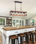 Rustic Farmhouse Wood Chandelier With Five Lights Rectangle Hanging Light Fixture For Dining Room And Kitchen Island Industrial Black Metal Accents For That Cozy Living Room Bar Or Pool Table Vibe Area over kitchen island