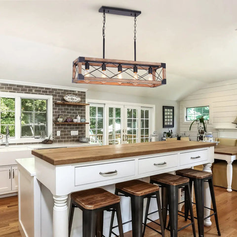 Rustic Farmhouse Wood Chandelier With Five Lights Rectangle Hanging Light Fixture For Dining Room And Kitchen Island Industrial Black Metal Accents For That Cozy Living Room Bar Or Pool Table Vibe Area over kitchen island