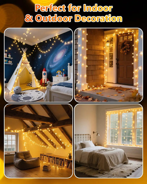 Collage of 100 LED Star String Lights 33Ft Waterproof Fairy Lights For Indoor And Outdoor Decor Warm White Shatterproof
