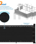 Diagram showing 3 Foot By 25 Foot Balcony Privacy Screen Mesh Fence Cover For Deck Railing Outdoor Patio Windscreen 200GSM Heavy Duty HDPE Black Lattice Privacy Netting Pro Grade installed on a balcony with fabric detail inset.