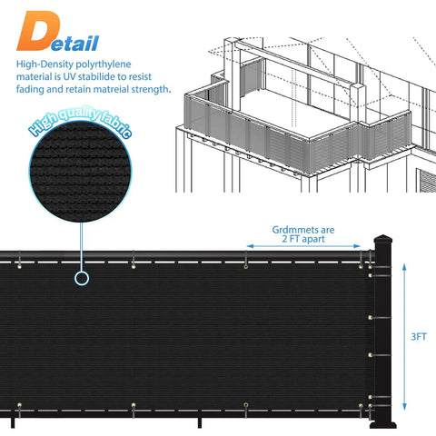 Diagram showing 3 Foot By 25 Foot Balcony Privacy Screen Mesh Fence Cover For Deck Railing Outdoor Patio Windscreen 200GSM Heavy Duty HDPE Black Lattice Privacy Netting Pro Grade installed on a balcony with fabric detail inset.