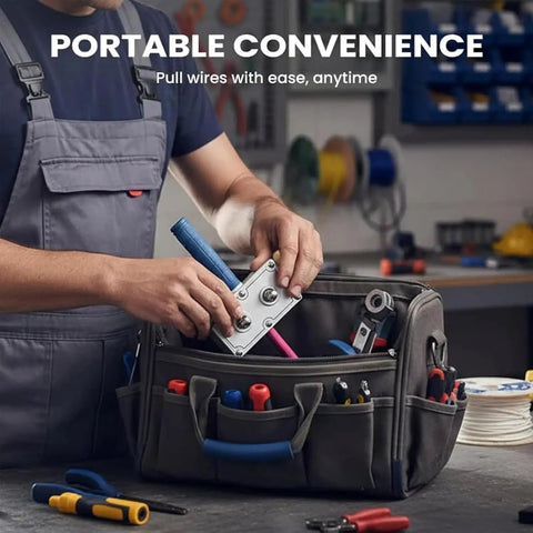 Technician using The ULTIMATE Professional Electrician Wire Pulling Assistant Tool in a portable tool bag for easy wiring.
