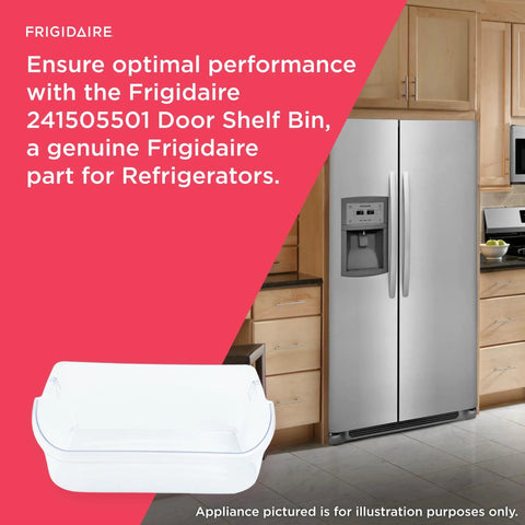 Door Shelf Bin For Refrigerators 241505501 next to stainless steel fridge in kitchen, clear and durable design
