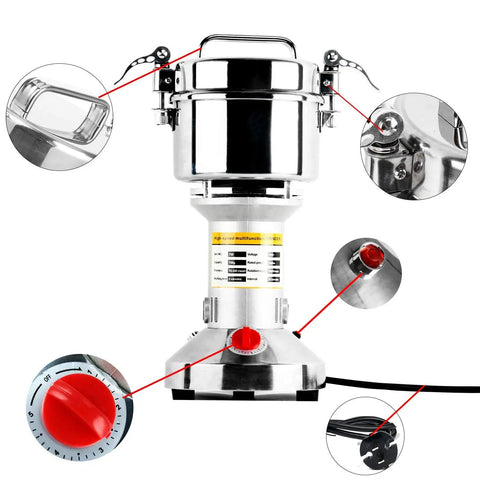 Turbo High Speed 700g Electric Grain Mill Grinder Powder Machine 2500W 36000RPM Stainless Steel with detailed parts view