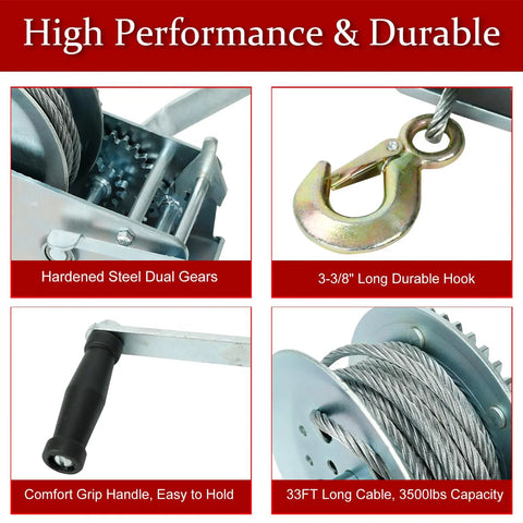 Beefy 3500 Lb Hand Winch With 33 Foot Cable Hardened Steel Dual Gear Manual Crank Winch For ATV RV Boat Trailer Truck Marine Use With Hook Built To Tackle Tough Lifts