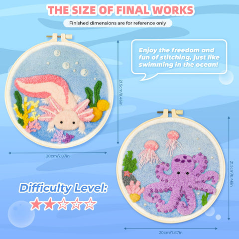 Easy Peasy Beginner Punch Needle Kit For Adults With All Tools And Materials Easy To Follow Instructions And Videos Water Soluble Pattern On Linen Axolotl And Octopus Design No Fuss Embroidery Starter For Relaxation And Skill Building, two embroidery hoops with axolotl and octopus designs