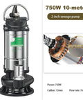 Heavy Duty Submersible Water Pump With 750 Watt Motor And 10 Meter Head, metallic build, 2-inch sewage discharge, for drainage tasks.