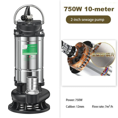 Heavy Duty Submersible Water Pump With 750 Watt Motor And 10 Meter Head, metallic build, 2-inch sewage discharge, for drainage tasks.