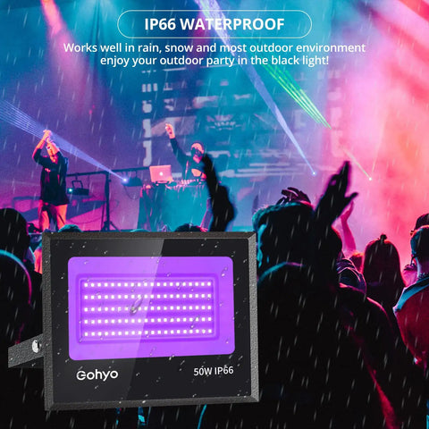 Two Pack 50W UV Black Light Flood Lights illuminating a stage with dancers, IP66 waterproof, suitable for glow parties and events.