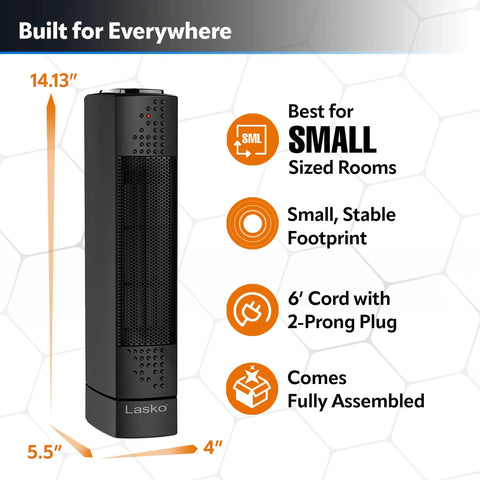Ceramic Oscillating Tower Space Heater With Built In Thermostat And Two Heat Settings Energy Efficient Tiny But Mighty Portable 1500W Unit Delivers Even Heating Quiet Operation Wide Oscillation Desk Or Home Use Black