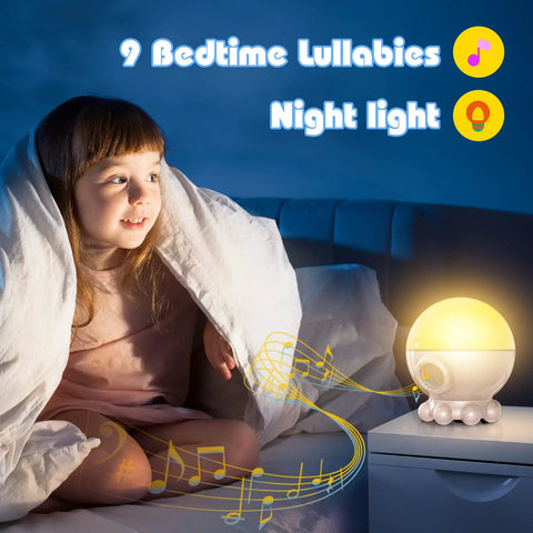 Child using Kids Night Light With Remote And Timer, 360 Degree Rotation Projector With 3 Films, 9 Lullaby Songs