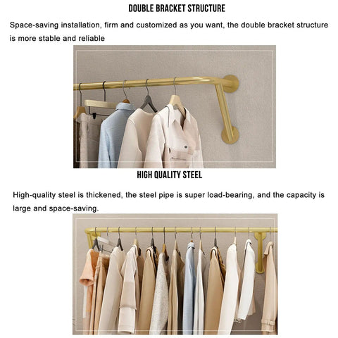 Close-up of Industrial Wall Mounted Clothing Rack For Laundry And Retail 300cm showcasing double bracket design with clothes