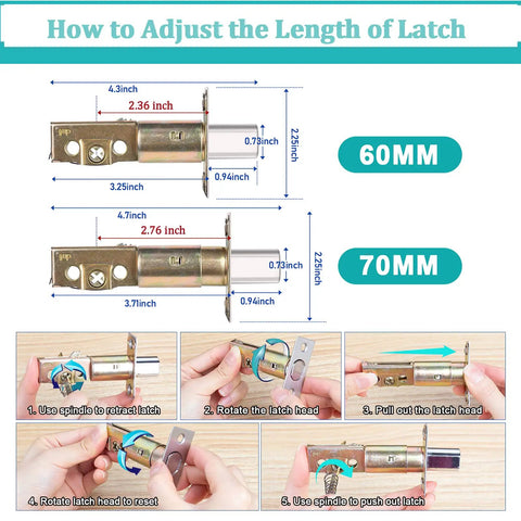 Illustration showing how to adjust latch length for Keyless Mechanical Combination Lock With Keypad, Black Finish, 60mm and 70mm sizes.