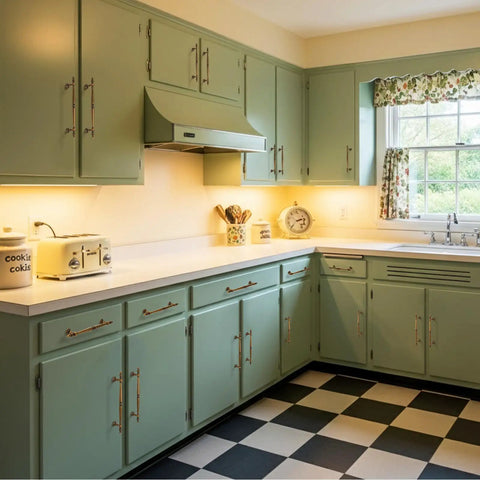 Kitchen featuring Antique Brass Cabinet Pulls Set For Retro Vibe 10 Pack 6.3 Inch Long installed on green cabinets.