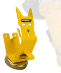 Heavy Duty Magnetic Power Grinder Rest With Rock Solid Mag Base For 5 Inch Angle Grinders angled view with yellow frame showing wrench slot and disc hook.