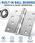 Eight Pack Heavy Duty Stainless Steel Door Hinges 4x4 Inches With Ball Bearing, 3mm Thick Brushed Nickel Finish