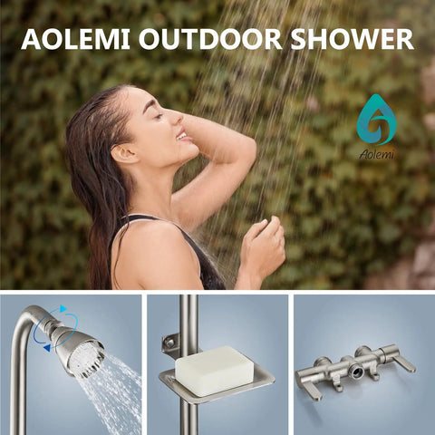 Outdoor Shower Kit With Two Handle Exposed Shower Brass Valve 3 Inch Center Showerhead Soap Dish Brushed Nickel Durable Corrosion Resistant For Pool Patio Beach House Easy Install