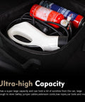 Badass Waterproof Leather Car Jumper Cable Bag Portable Trunk Organizer For EV Charging Cords And Garden Hoses Road Trip Ready showing contents like tools and cords.