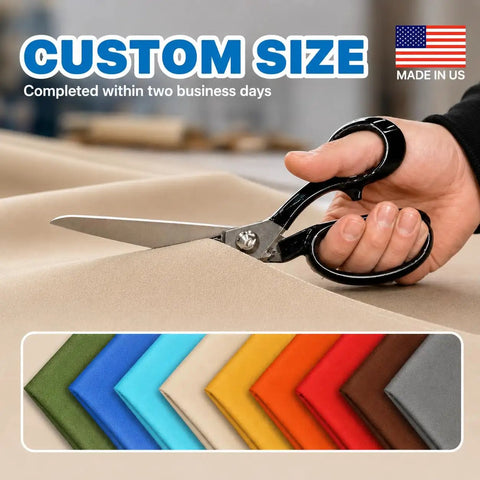 Close-up of hand cutting beige fabric with scissors, showcasing color options, custom size, made in US