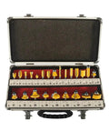 Rock Solid 24 Piece 6.35 Mm Shank Carbide Router Bit Collection With Precision Face Mill And Rugged Aluminum Storage Box, open view with bits.