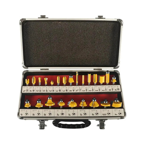 Rock Solid 24 Piece 6.35 Mm Shank Carbide Router Bit Collection With Precision Face Mill And Rugged Aluminum Storage Box, open view with bits.