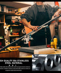 Person working with 304 stainless steel material in a workshop, showing durability and strength of metal sheets and tubes.