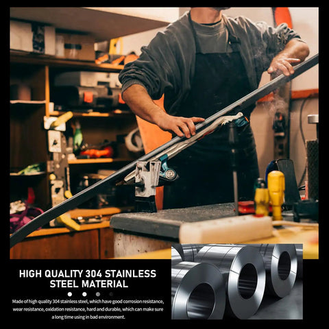Person working with 304 stainless steel material in a workshop, showing durability and strength of metal sheets and tubes.