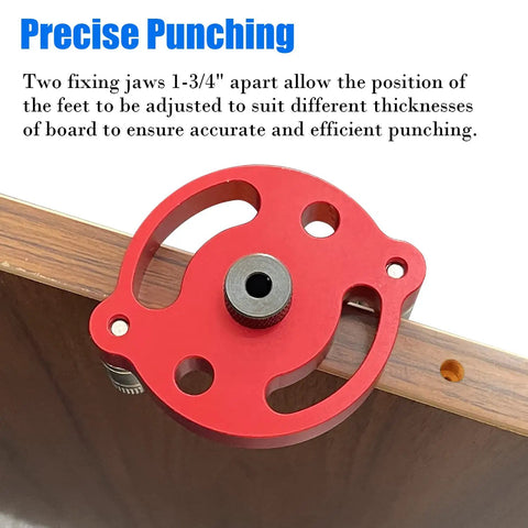 Heavy Duty Woodworking Dowel Jig Drill Guide With Vertical Pocket Hole Locating System Featuring Rock Solid Aluminum Build and Full Metric Bushing Set For Dead On Alignment Every Single Project, red adjustable fixing jaws for precise punching.