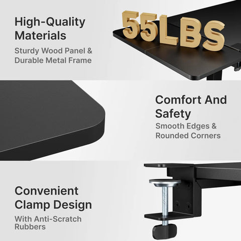 Close-up of Heavy Duty Desk Extender Tray With Secure Laptop Holder And Generous Extra Surface Solid Keyboard Shelf That Seriously Levels Up Your Home Office Flex In Sleek Black showing durable materials and clamp design.