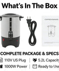 Big Capacity Electric Coffee Percolator Urn 5 Point 2 Liter 1000W Fast Heating Brews Up To 30 Cups Stainless Steel Coffee Warmer