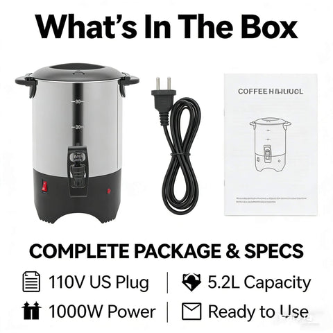 Big Capacity Electric Coffee Percolator Urn 5 Point 2 Liter 1000W Fast Heating Brews Up To 30 Cups Stainless Steel Coffee Warmer