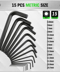 32 Piece Hex Key Set With SAE And Metric Allen Wrenches, hex keys displayed, metric sizes listed, chrome vanadium steel