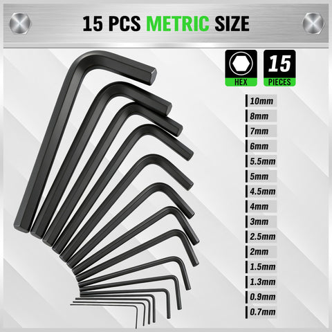 32 Piece Hex Key Set With SAE And Metric Allen Wrenches, hex keys displayed, metric sizes listed, chrome vanadium steel
