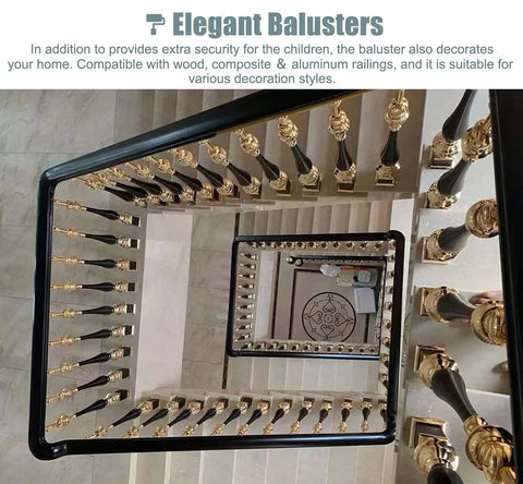 Rock Solid Aluminum Stair Balusters And Cuttable Deck Railing Spindles With Easy Install Adjustable Angles For Indoor Outdoor Porch Balcony Projects Pro Level Pack Of 10 featuring elegant black and gold balusters in a spiral staircase.