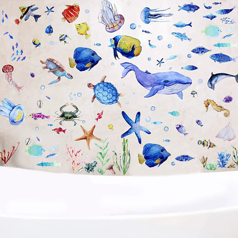 Underwater Ocean Wall Decals Set With 116 Pieces Marine Animals for nursery, peel and stick, featuring colorful sea creatures.