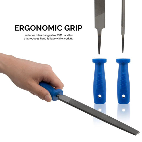 Pro Grade Metal File And Rasp Set 12 Piece With ergonomic PVC handles and carbon steel files shown in hand for woodworking and metalworking.