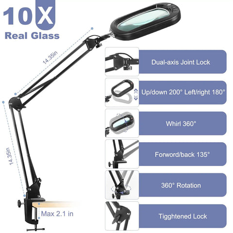 10X Lighted Magnifier With Clamp And Stand For Close Work Real Glass Lens 5 Color Modes Stepless Dimming Hands Free Led Swing Arm Desk Lamp