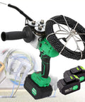 Pro Grade Cordless Electric Wire Puller With Slick Variable Speed Control Zero To Ninety Degree Bending Heads Dual Batteries close up view